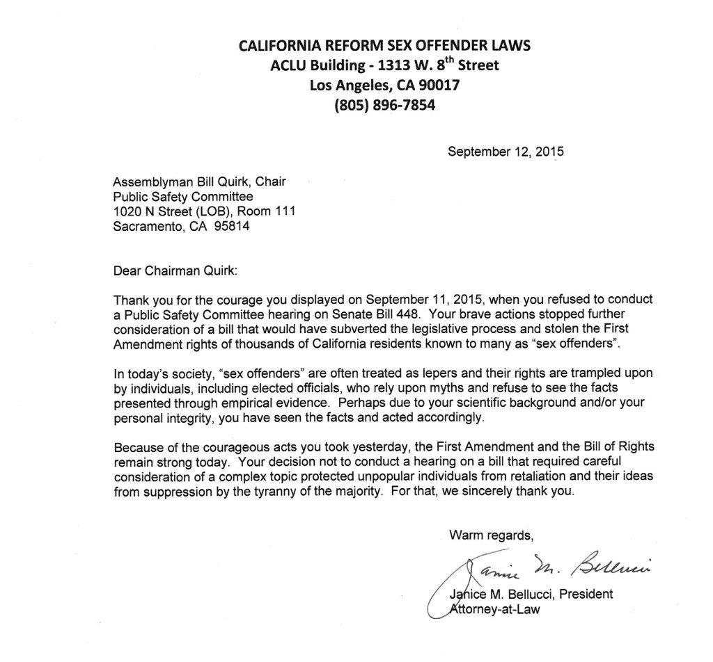 SB 448 - Thank You to Quirk - Sep 2015